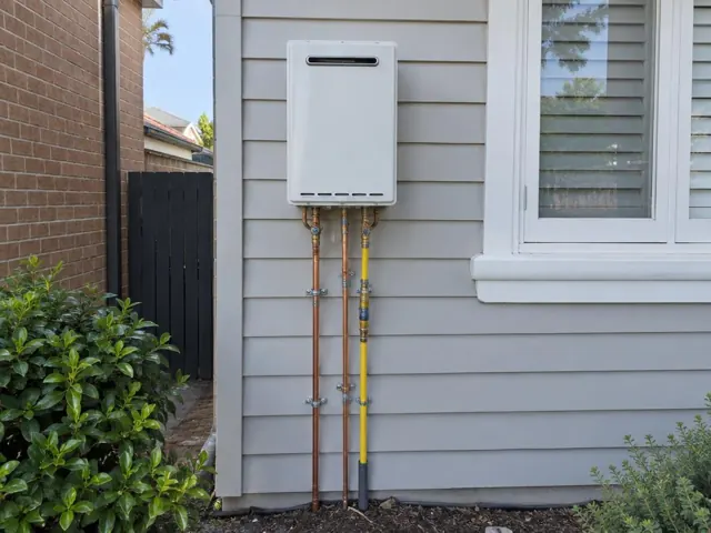 Wall-mounted hot water unit with exposed copper and gas pipes on a weatherboard house in Bondi