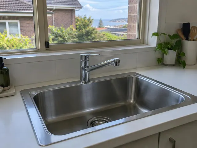 Stainless kitchen sink with chrome tap and white benchtop by a window in Bronte